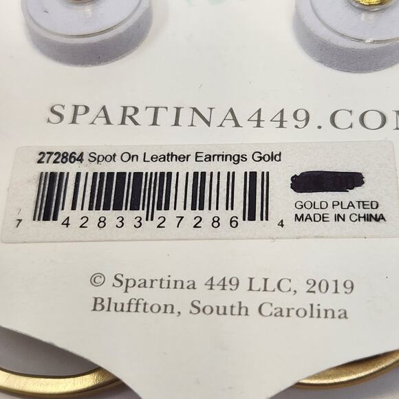 Spartina Spot On Leather 18k Brushed Gold Plated Earrings Dangle Post Round New - Picture 4 of 5